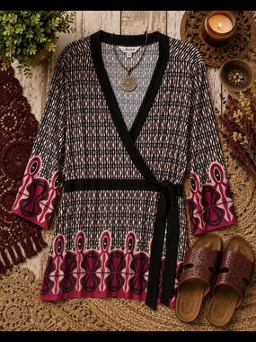 Jessica 3X Geometric Wrap Tunic Boho Pink Black